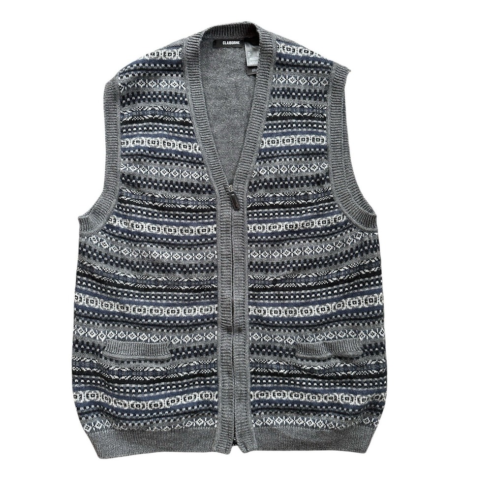 Claiborne Merino Wool Sweater Vest Mens Large Gray Fair Isle Full Zip Excellent